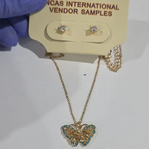 Gold Turquoise Butterfly Pendant Necklace & Stud Earrings Set  – Women’s Jewelry - Picture 6 of 8